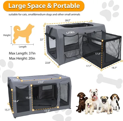 Vista 2 de Jaula de viaje para perros grandes, jaula portátil para perros de 39 pulgadas, plegable, suave para interiores y exteriores