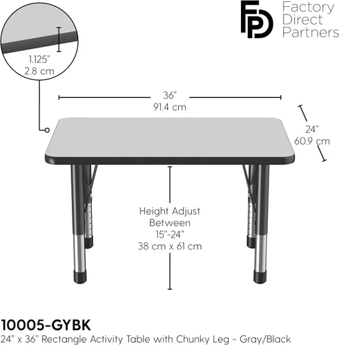 Vista 2 de FDP - Mesa rectangular para actividades escolares y aulas (24 x 36 pulgadas), patas gruesas para niños pequeños, altura ajustable de 15 a 24