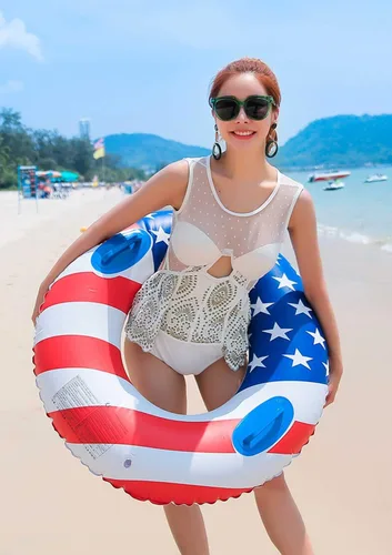 Vista 2 de Anillos de natación con bandera estadounidense de 35.4 pulgadas para adultos y adolescentes, flotador de piscina inflable portátil, tubo flotante