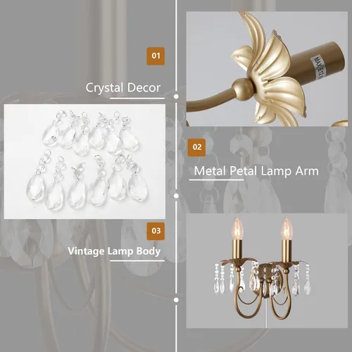 Vista 5 de Sedelan Apliques de pared de cristal enchufables, aplique de pared interior, aplique de vela de 2 luces, aplique vintage enchufable con cristales