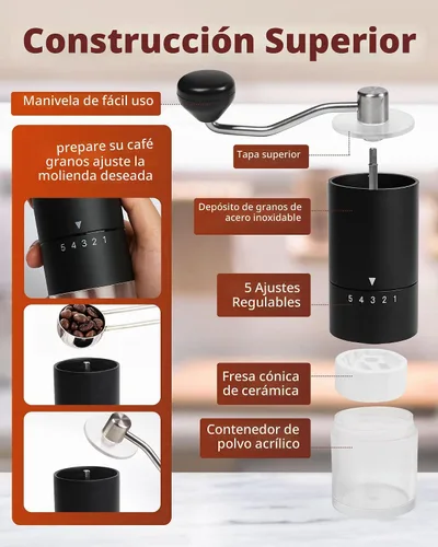 Vista 5 de Molinillo de café manual con muela de cerámica para espresso, prensa francesa, 5 ajustes ajustables, molinillo manual con muela incorporada