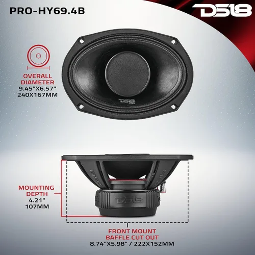 Vista 4 de DS18 PRO-HY69.4B - Altavoz híbrido de rango medio resistente al agua 6x9 con controlador de 1 pulgada, 500 W, potencia máxima de 4 ohmios, rango