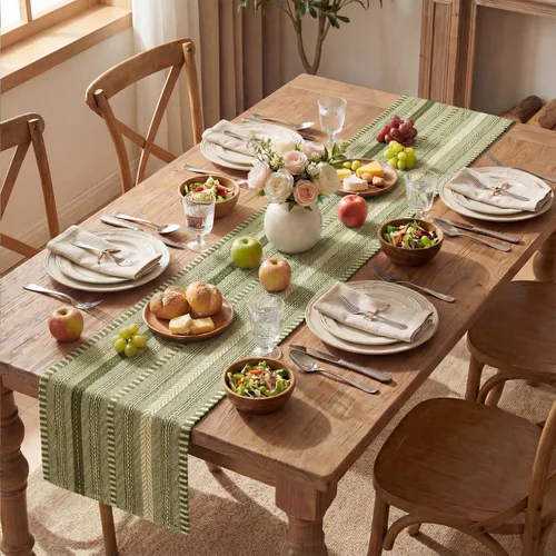 Vista 5 de Artoid Mode Camino de mesa tejido estilo granja verde ejército, decoración rústica de temporada festiva para la cocina y el comedor, para decoración