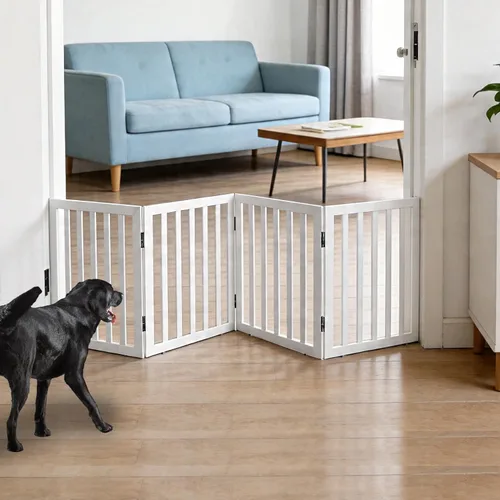 Vista 23 de Puerta para perros para interiores, valla independiente para perros, para la casa, puertas, pasillos o escaleras, puerta para mascotas plegable