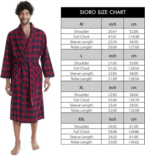 Vista 6 de SIORO Mens Robe Flannel Cotton Plaid Bathrobe Soft Shawl Collar Loungewear