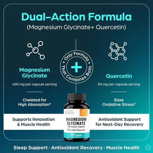 Vista 10 de Cápsulas de glicinato de magnesio 400 mg con quercetina, sueño de calidad, relajación, salud muscular y ósea y apoyo inmunológico, para hombres