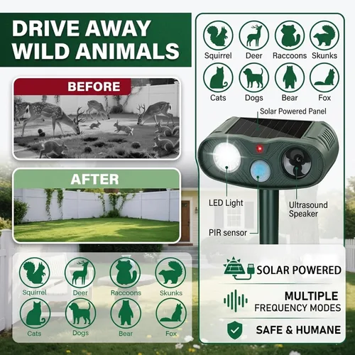 Vista 6 de Paquete de 4 repelentes solares de animales para exteriores: dispositivos repelentes de ciervos Sonic Fortress Pro y repelente ultrasónico