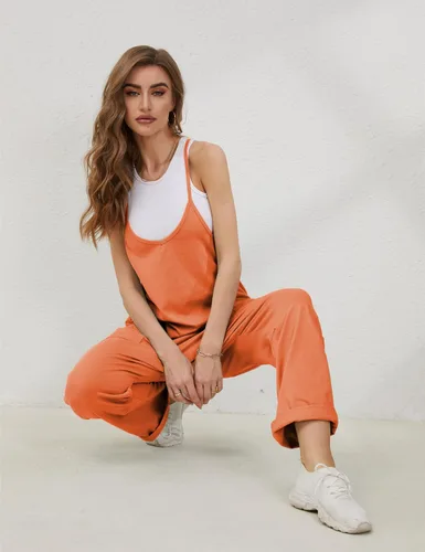 Vista 7 de Lentta - Enterizo casual para mujer con cuello en V sin mangas tipo harem con tirantes elásticos ajustables y bolsillos