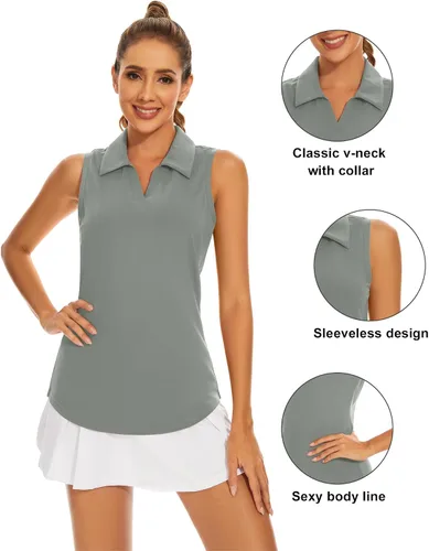 Vista 3 de Ivicoer Camiseta de golf para mujer, tipo polo, sin mangas, con cuello de tenis, ajuste seco, ropa atlética para mujer