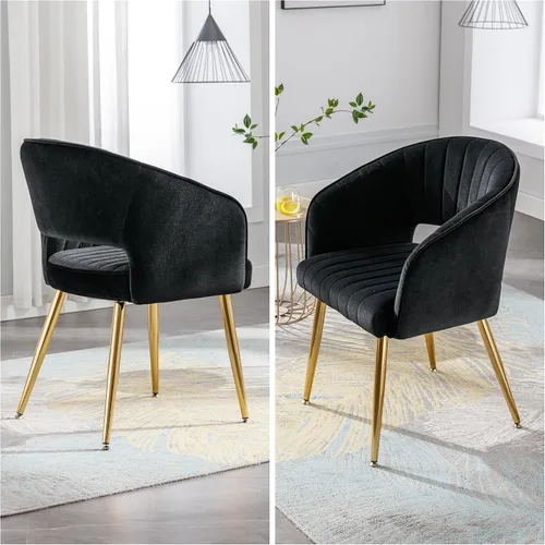 Vista 8 de ABET Juego de 2 sillas de comedor de terciopelo, rayas modernas con patas doradas, color negro