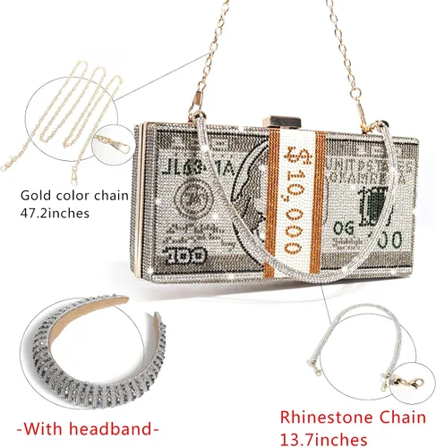 Vista 3 de Monedero con diamantes de imitación de dólar estadounidense, bolso de noche para bodas, cenas, monederos con diademas de cristal