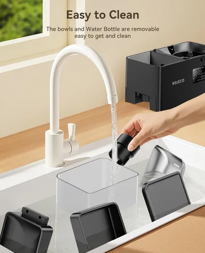 Vista 7 de Rojeco Dispensador Automático para Mascotas de 36 Tazas/8.5L y Dispensador de Agua por Gravedad, Juego de Cuencos de Acero Inoxidable 2-en-1 de Gran