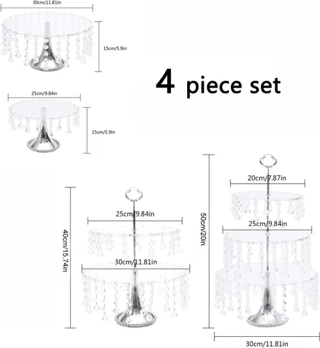 Vista 3 de Juego de 4 soportes redondos para cupcakes con colgantes de cristal, pedestal, exhibición, plato, soportes y bandejas, platos de metal para boda