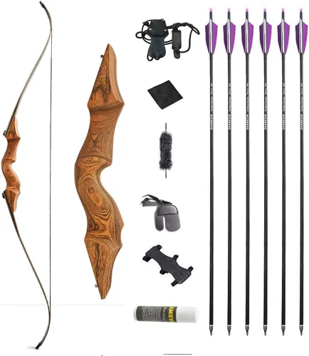 Vista 13 de Juego de arco recurvo y flecha original de 60 pulgadas Black Hunter Takedown de 20 a 60 libras, arco largo de madera tradicional RH&LH para caza