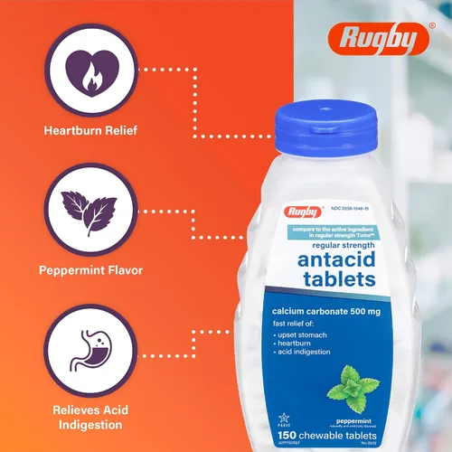 Vista 5 de Rugby - Tabletas masticables antiácidos de fuerza regular, hechas con 500 mg de carbonato de calcio, sabor a menta, 150