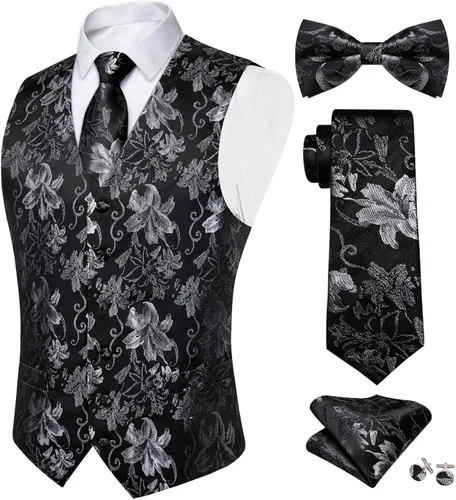 Vista 16 de DiBanGu Conjunto de 5 chalecos de seda con corbata y corbatín para hombre Paisley oro negro