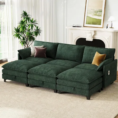 Vista 14 de Sofá modular moderno en forma de L de 106 pulgadas, sofá nube de felpilla con otomana de almacenamiento, sofás de asiento profundo con bolsillo Verde