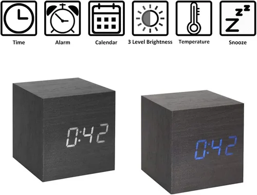 Vista 2 de ThreeH Reloj despertador digital de madera, reloj pequeño con pantalla LED de calendario de temperatura, control de sonido, modo de repetición