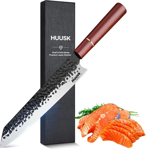 Vista 9 de Huusk Mini cuchillo japonés, pequeños cuchillos de carne con funda, cuchillos únicos de cavernícola, cuchillo vikingo de chef forjado a mano
