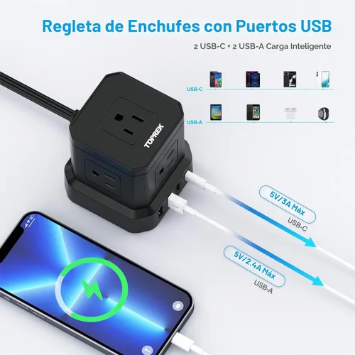 Vista 3 de TOPREK - Regleta de alimentación con USB, USB C (3.0 A) con 5 tomas, 2 USB-C y 2 USB-A, cable de extensión plano de 5 pies con enchufe plano