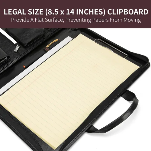 Vista 6 de Portafolio de cuero vegano para tamaño legal (8.5 x 14 pulgadas), portafolio portapapeles con asa, soporte para laptop de 15 pulgadas, organizador