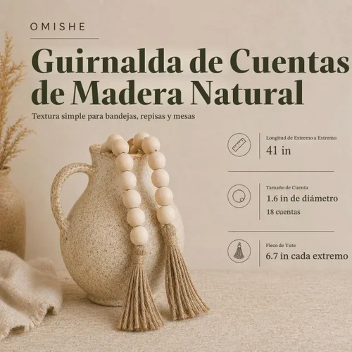 Vista 2 de OMISHE Guirnalda de cuentas de madera extra grande con cuentas de madera y borlas de 1.6 pulgadas de diámetro, cuentas decorativas rústicas de 41 1
