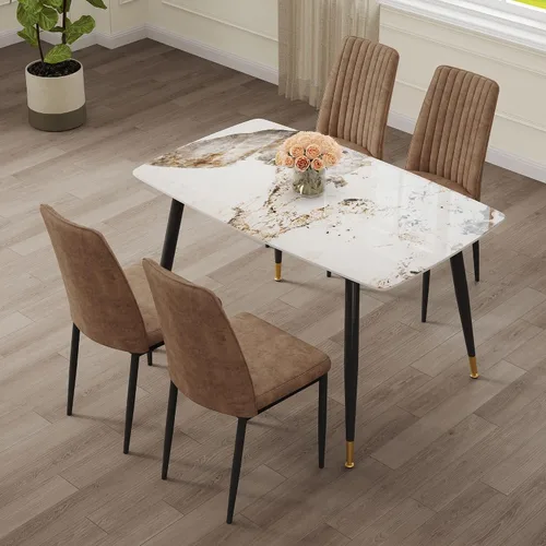 Vista 17 de Juego de 5 mesas de comedor modernas de piedra sinterizada de 50 pulgadas, mesa de cocina rectangular de mármol sintético con 4 sillas de piel