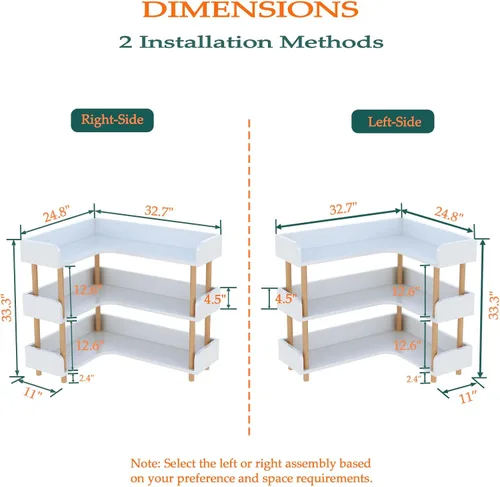 Vista 2 de Estantería esquinera reversible de madera, moderna estantería en forma de L de 3 niveles con marco de madera maciza y protección de bordes