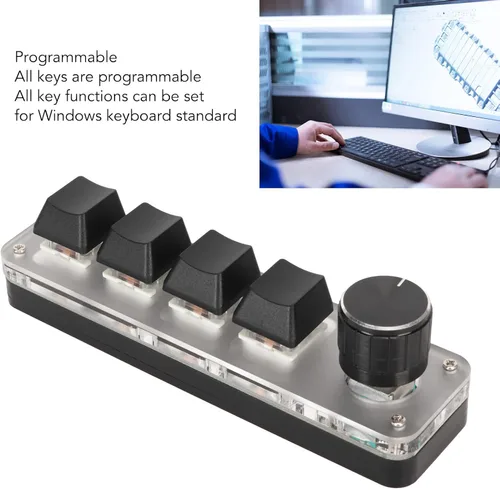 Vista 3 de Diyeeni Teclado mecánico para juegos de 4 teclas, teclado macro programable con retroiluminación RGB, teclado con una sola mano con perilla