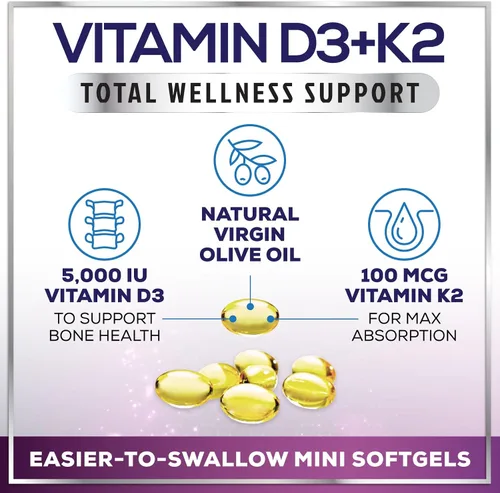 Vista 5 de Vitamina D con K2 (MK-7) – Vitamina D3 5000IU (125 mcg) por porción – Suplemento complejo D3K2 para huesos, dientes, músculos, absorción de calcio