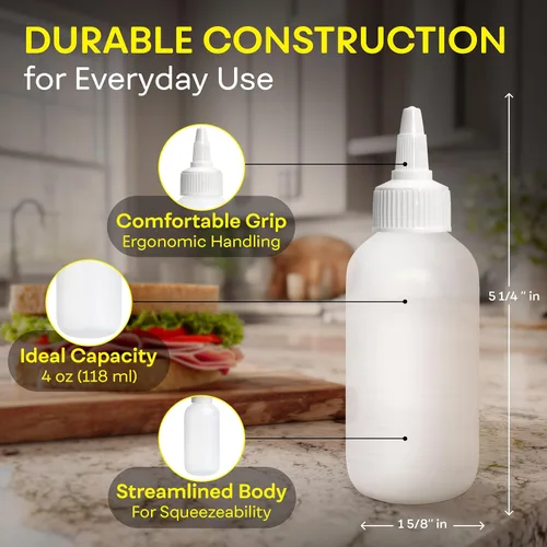 Vista 3 de BRIGHTFROM Botellas exprimibles para condimentos, botellas vacías de 4 onzas, tapa superior giratoria, a prueba de fugas, ideal para salsa