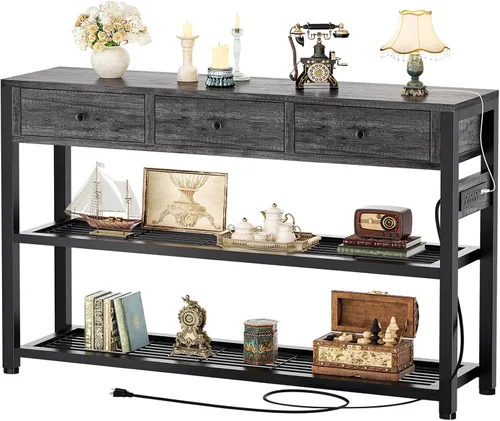 Vista 9 de Ecoprsio Mesa de Entrada con Tomacorrientes y Puertos USB, Mesa Consola con 2 Cajones, Mesa de Sofá Pequeña con Estantes de Almacenamiento para Sala