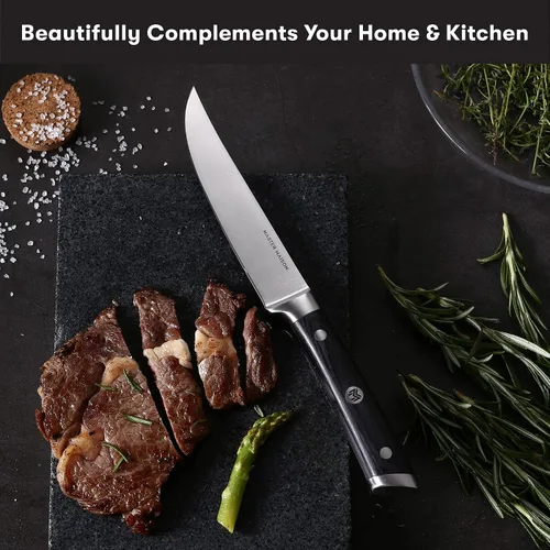 Vista 9 de Master Maison Juego de 4 cuchillos de carne de 5 pulgadas ultra premium 4 cuchillos alemanes de acero inoxidable sin dentar + caja de regalo