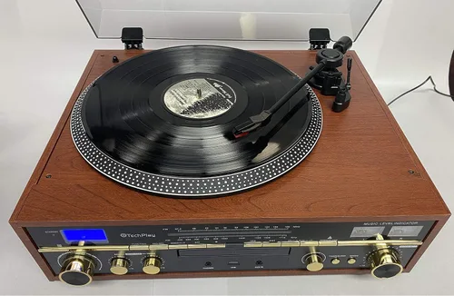 Vista 3 de TechPlay Commander, tocadiscos de 3 velocidades con control de tono, reproductor de CD, amplificador con medidor VU, Bluetooth y grabación USB