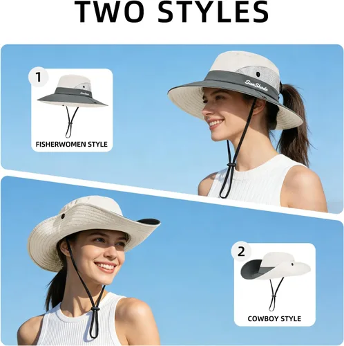 Vista 17 de Rosoz Sombreros de cola de caballo para mujer, protección UV, ala ancha 1 paquete-negro