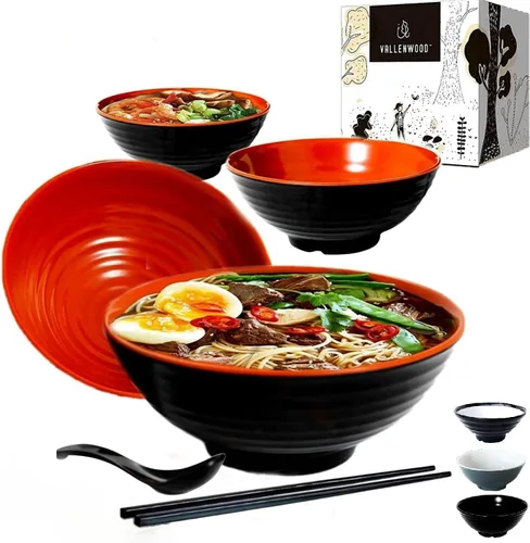 Vista 9 de Juego de 4 cuencos de ramen, 12 piezas Pho. Sopa japonesa asiática negra. Utensilio: cucharas y palillos. Melamina. Fideos grandes de 37 oz, arroz