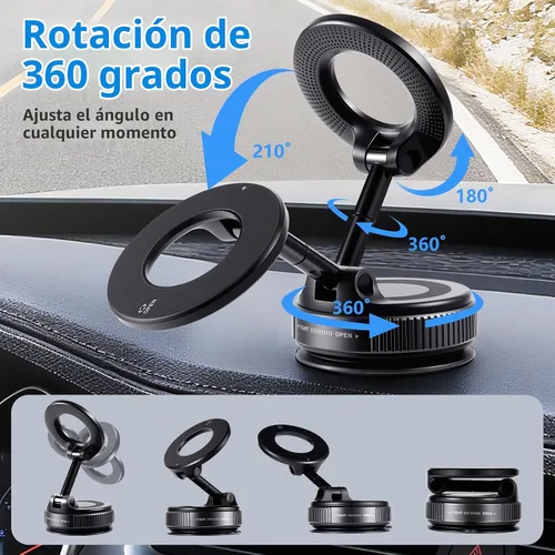 Vista 3 de Soporte magnético para teléfono de coche con succión al vacío, plegable y manos libres, rotación ajustable de 360°, montaje para teléfono