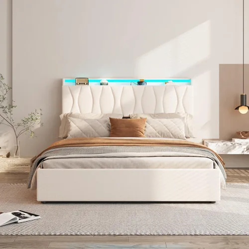 Vista 3 de Fameill - Base de cama tamaño matrimonial con plataforma de almacenamiento abatible, cabecero con altura ajustable y estación de carga, cama