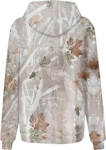 Vista 5 de Sudadera con capucha de camuflaje para mujer, con estampado de hojas de arce, sudadera de forro polar con capucha con bolsillo, suéteres clásicos