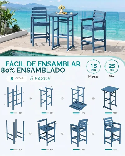 Vista 6 de SERWALL 5 Pcs HDPE Bar Height Adirondack Chairs and Bar Table Set, Blue Azul