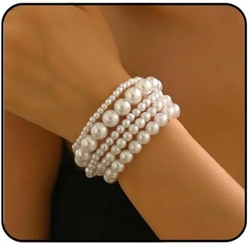 Vista 8 de Pulseras de perlas para mujer, pulsera de perlas de imitación con cuentas de perlas blancas, juego de pulseras elásticas apilables, pulseras