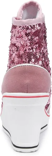 Vista 5 de ALLINNINE Zapatos deportivos de tacón alto para mujer, zapatos de lona de moda de tubo alto, con cordones, borde de cuña, cremallera, ángulo