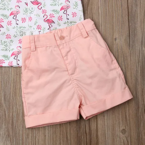 Vista 96 de Conjunto de camisa de manga corta con botones y pantalones cortos casuales con diseño de flamingo, para bebés y niños de 1 a 6 años, atuendos