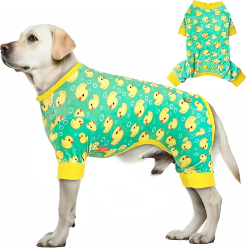 Vista 32 de KYEESE - Pijama de terciopelo para perros, con patrón de patos amarillos, ropa elástica y suave para cachorros y perros pequeños, mameluco cómodo