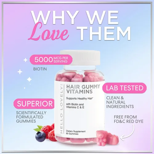 Vista 6 de Hello Lovely - Gomitas de vitaminas para el cabello con biotina, 5000 mcg de vitaminas E y C que apoyan el crecimiento del cabello, vegetariano