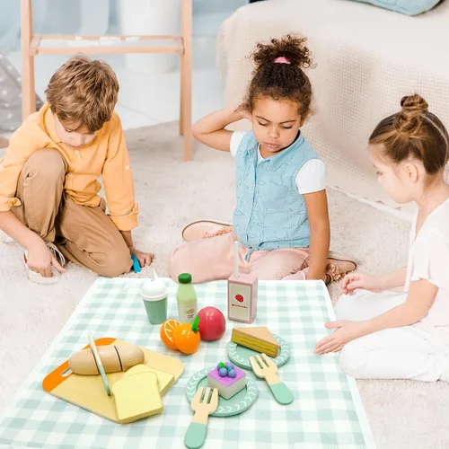 Vista 6 de Juego de picnic – Comida de madera para jugar – Juegos de comida para niños – Comida de simulación, comida de juguete con bolsa de almacenamiento