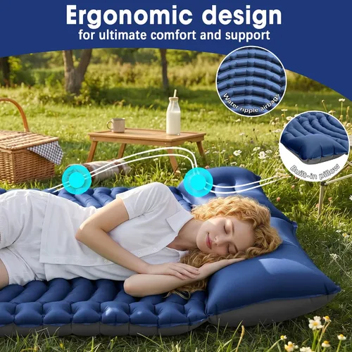 Vista 3 de Double Camping Sleeping pad with Pillow & Built-in Foot Pump Navy Blue