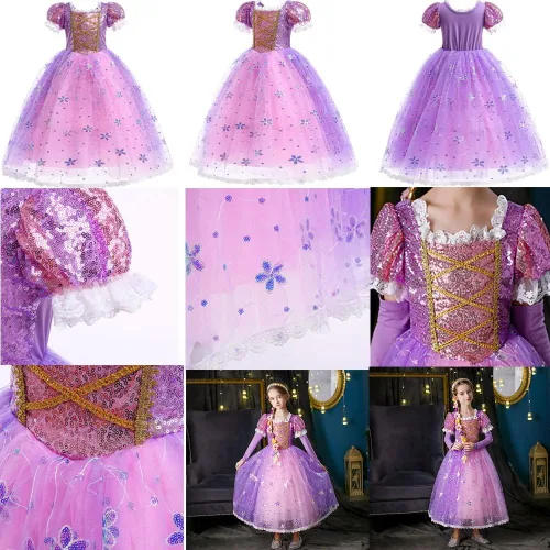 Vista 5 de TPMG Disfraz de princesa Rapunzel para niñas de 3 a 10 años, ropa de disfraces de Halloween para niños, juego de simulación, cumpleaños