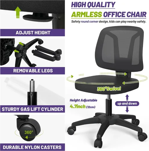 Vista 4 de Silla de escritorio giratoria sin brazos para computadora con soporte de madera ajustable en altura y ruedas giratorias para espacios pequeños