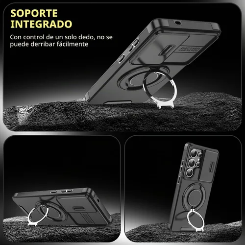 Vista 6 de Funda para Samsung S25 Ultra, con lente de cámara deslizante, soporte de anillo de dedo, resistente a prueba de golpes, funda protectora de grado